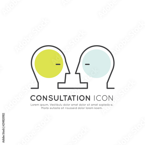 Vector Icon Style Illustration of Online Consultation Platform Concept with Two Human Profiles Looking at Each Other, Isolated Web Element, Chatbot Virtual Assistance and Online Support