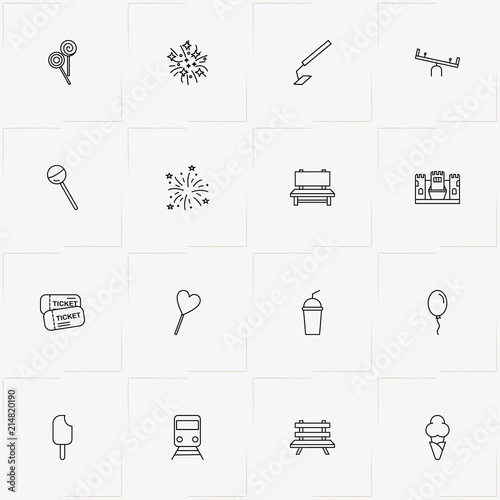 Amusement Park line icon set with air balloon, fireworks and juice cup