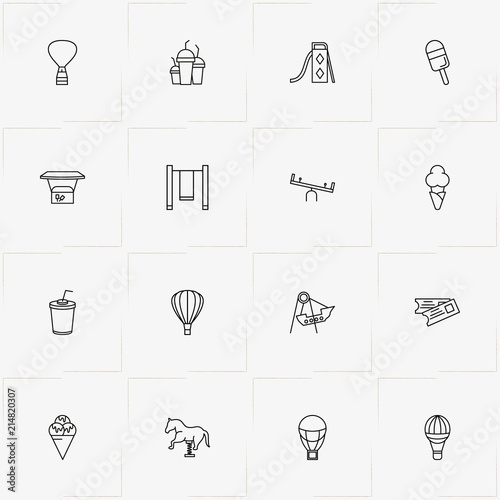 Amusement Park line icon set with air balloon, horse swing and swing slide