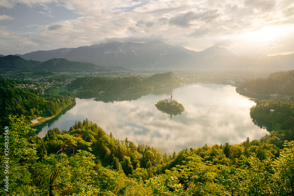 Lake Bled with Bled Island, St. Mary's Church and the Julian Alps
