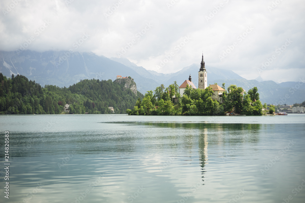 Lake Bled with Bled Island, St. Mary's Church and the Julian Alps