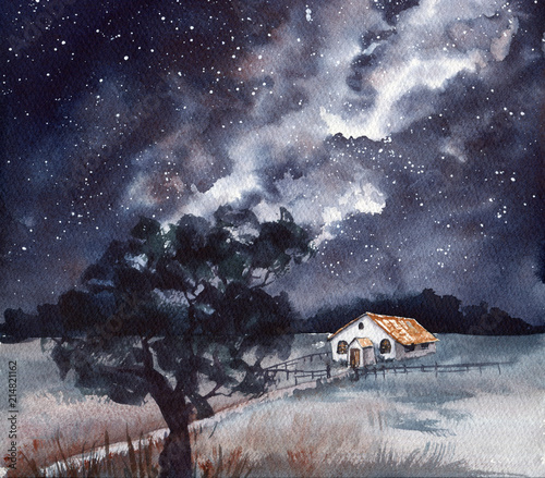 Watercolor Milky Way and Single House