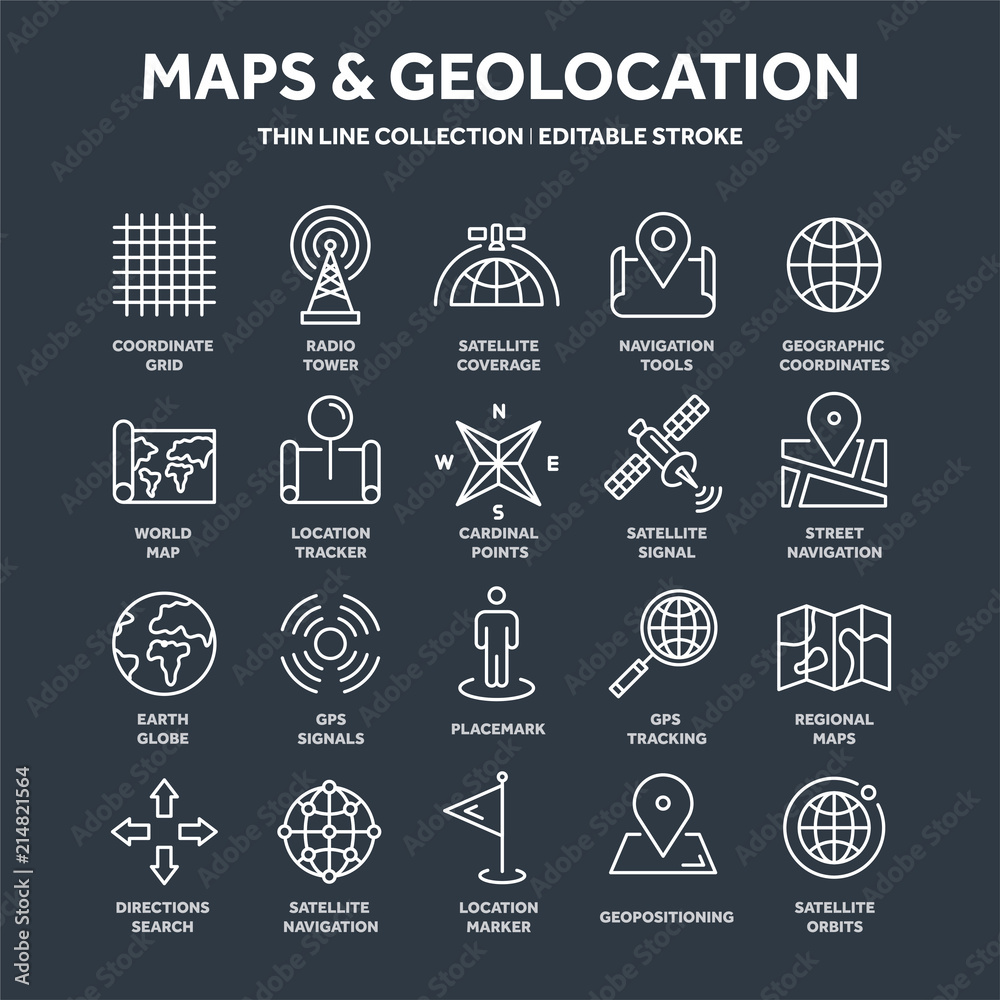 Fototapeta premium Map and navigation. GPS coordinates. Location icons. Line art.