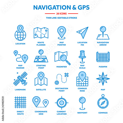 Map and navigation. GPS coordinates. Location icons. Line art.