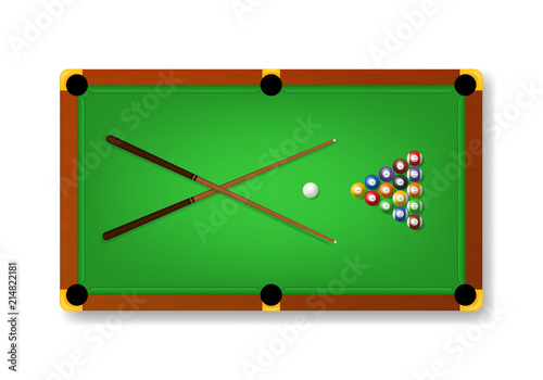 Realistic Detailed 3d Pool Billiard Green Table and Equipments. Vector