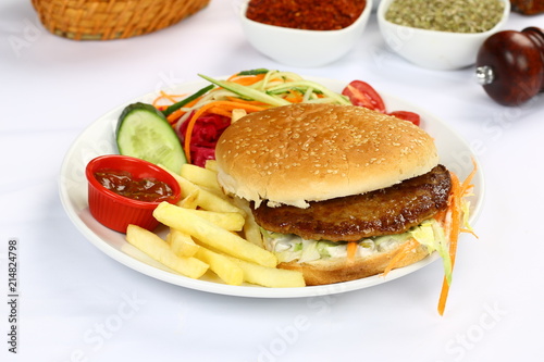 Burger with meat and french fries