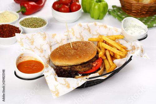 Fresh Burger and French Fries in Basket
