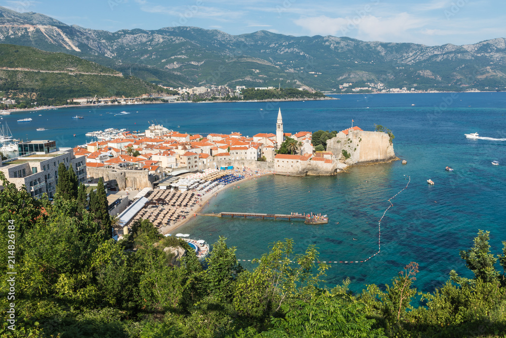 Panoramic view of the Budva Riviera from the observation deck of the fortress of the Old Town. Budva. Montenegro.