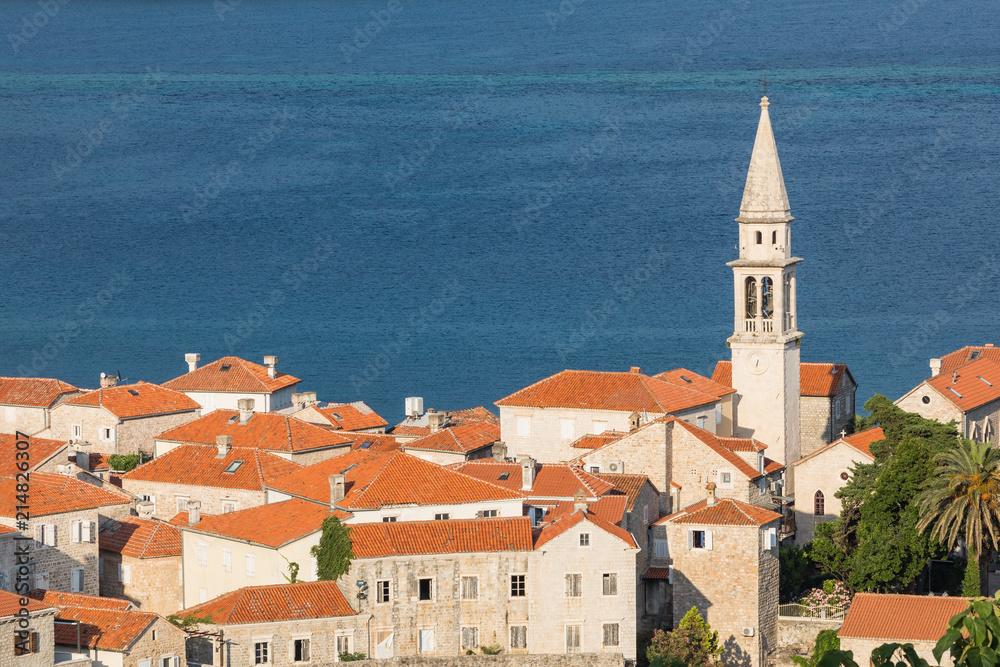 View of the rooftops and the bay of Budva in Montenegro