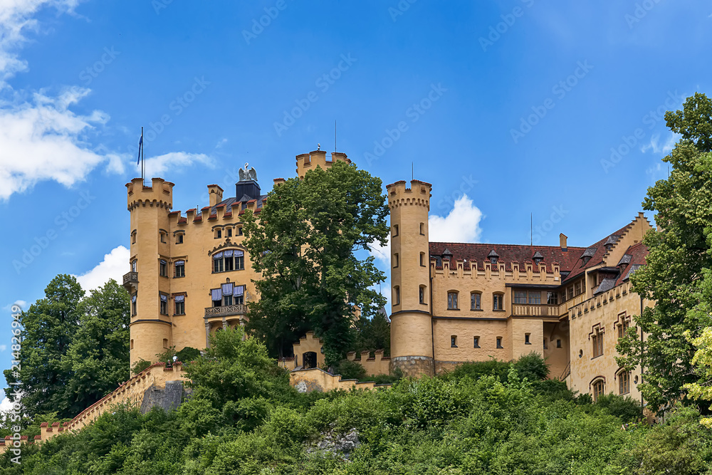 Naklejka premium Schwangau, Germany June 10, 2018: Hohenschwangau Castle or Schloss Hohenschwangau is a 19th-century palace in Bavaria in southern Germany. It was the residence of King Ludwig II of Bavaria.