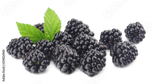 blackberries with green leaf isolated on white background. macro
