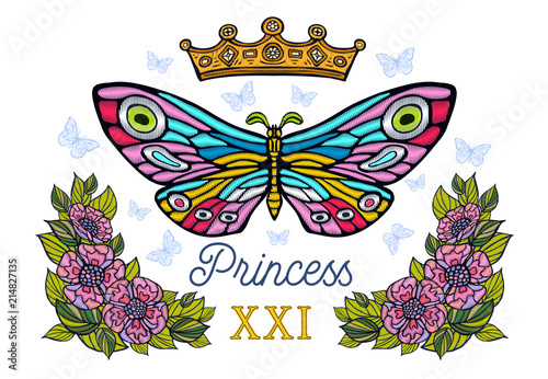 Fototapeta Golden crown, butterflies colorful embroidery, vintage style flowers, flight insect butterflies, wings textured, stripe