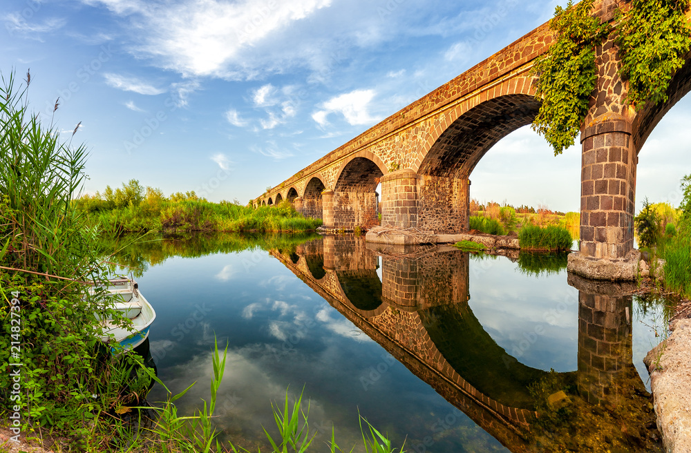 Overview of the Ancient Bridge of Orosei on the river Cedrino, Sardinia