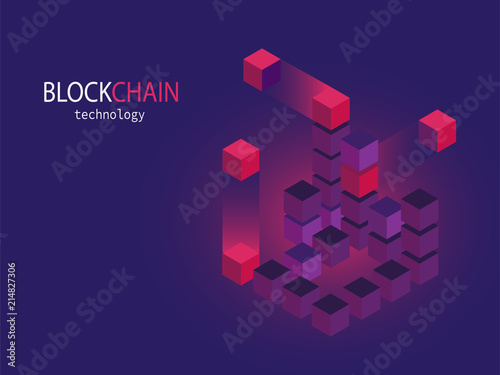 Blockchain technology concept vector illustration. Data cubes on gradient background.