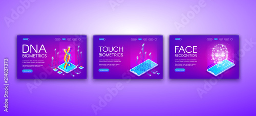DNA, touch and face biometrics vector illustration of personal identity recognition and authentication technology. Fingerprint scan and human body sensor in smartphone on purple ultraviolet background