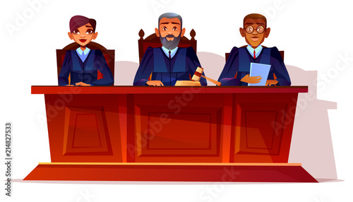 Judges at court hearing vector illustration. Prosecutor and legal secretary woman or assessor and black Afro American advocate in glasses sitting at table in blue court dress with gavel and documents