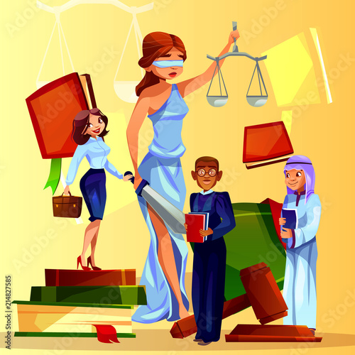 Court and legislation vector illustration of cartoon law people and symbols. Themis lady with justice scales, judge gavel and law code, Saudi Arabian prosecutor and black Afro American lawyer man