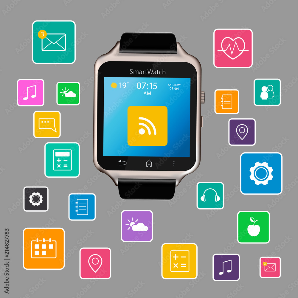Smart Watch device display with app icons. Isolated on gray background.