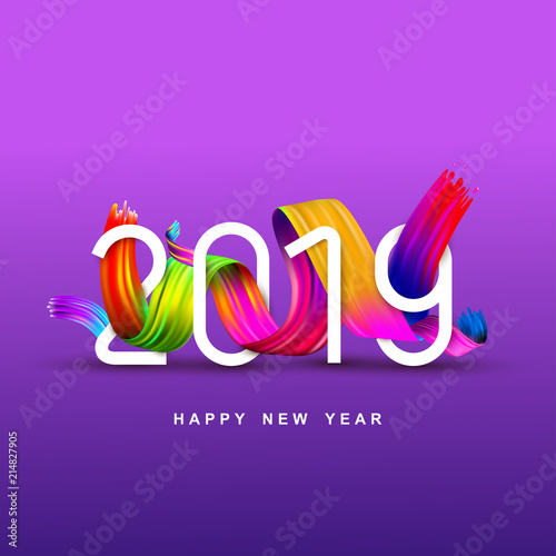 2019 New Year of a colorful brush stroke oil or acrylic paint design element. Holidays colored background. Vector illustration. Isolated on purple background.