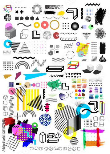 Big set of universal trend halftone geometric shapes juxtaposed with bright bold color elements composition. Design elements for leaflet, billboard. Vector illustration. Isolated on white background.