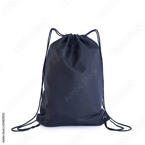 Black drawstring pack template, bag for sport shoes isolated on white