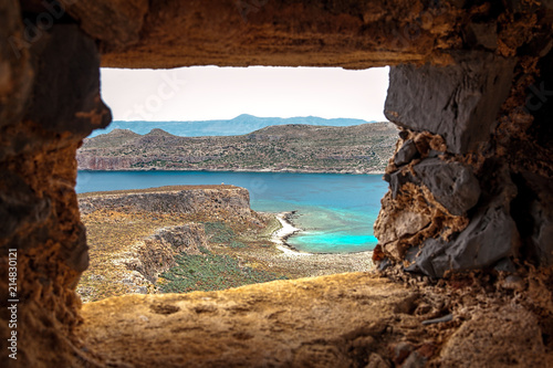 Crete. Fort Gramvousa. The azure waters beyond the walls of the ancient