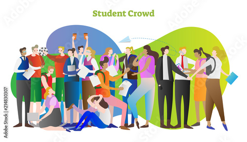Student crowd vector illustration. Group of young people in college or university. Standing teacher and sitting girl with laptop. Study and get smart with knowledge.
