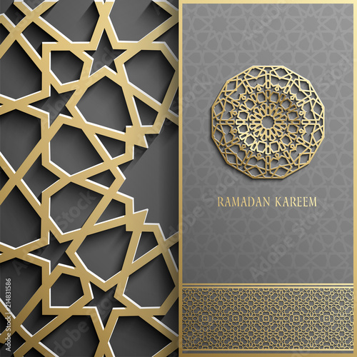 Ramadan Kareem greeting card,invitation islamic style.Arabic circle golden pattern.Gold ornament on black, brochure