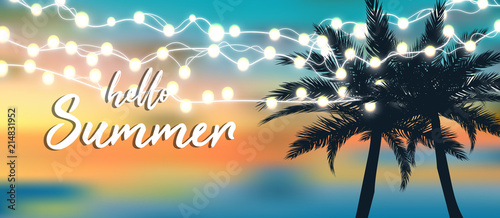 Hello summer background with tropical leaf.