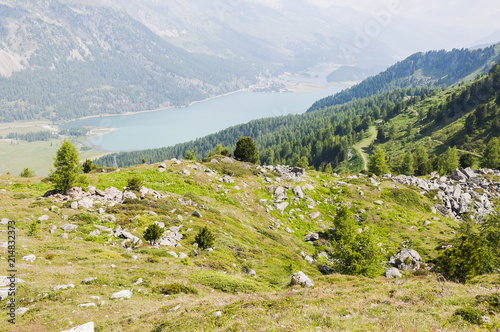 Sils, Silvaplanersee, Seenplatte, Silvaplana, Furtschellas, Wanderweg, Marmorè, Piz Julier, Alpen, Graubünden, Sommer, Schweiz