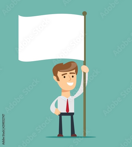 Businessman holds white flag of surrender. Hand holding blank flag. Flat style vector illustration. Surrender concept.