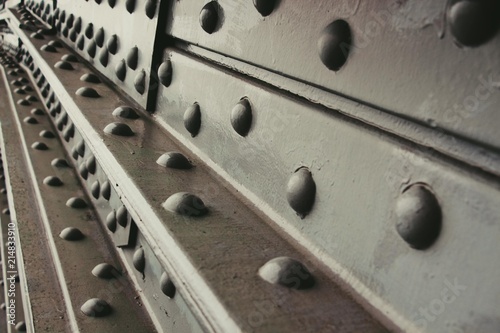 The metallic part is painted black. Huge screws firmly hold the massive parts of the bridge.