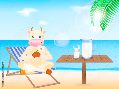 Happy cartoon cow sitting on the chaise-longue on a coastline. Wooden table with Milk. Vector illustration