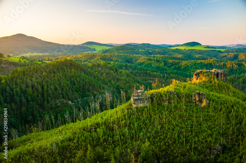 Beautiful morning sunrise of the Mariina Viewpoint, Bohemian Switzerland, National Park Bohemian Switzerland, Czech republic