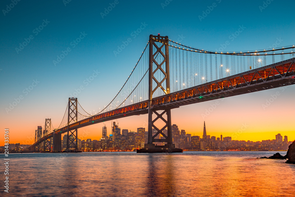 San Francisco skyline with Bay Bridge at sunset, California, USA