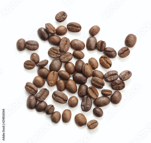 top view of coffee beans isolated on white background