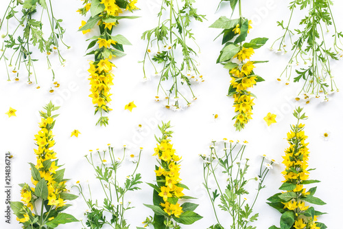 Yellow flowers and chamomile on white background  flat lay  top view