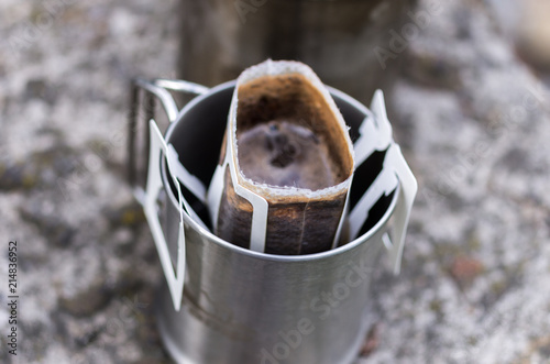 Brewed black coffee in a mug. photo