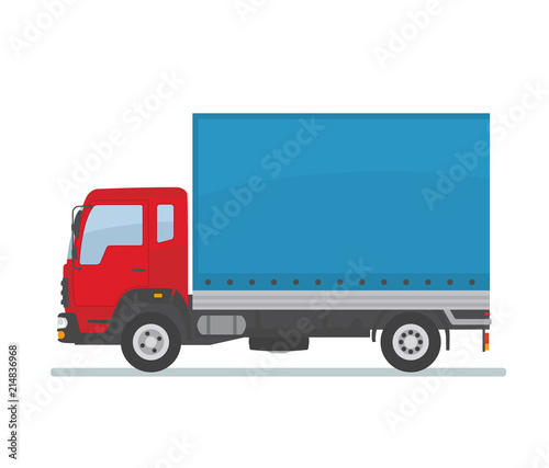 Red covered truck isolated on white background. Transport services, logistics and freight of goods. Flat style, vector illustration. 
