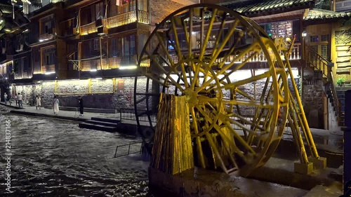 Wallpaper Mural Water wheel on Tuojiang River of  Fenghuang Ancient Town at night. Xiangxi, Hunan, China Torontodigital.ca