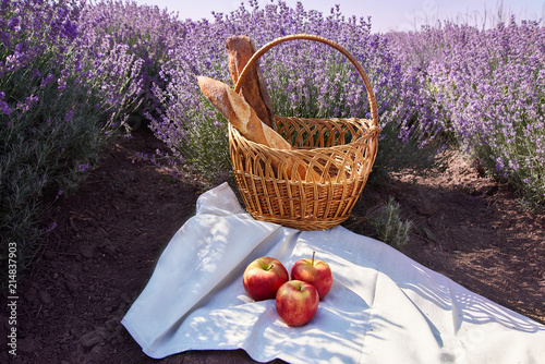 Fototapeta Naklejka Na Ścianę i Meble -  picnic in the lavender fields with french baguette