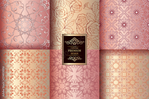 Collection of Luxury Seamless Patterns. Vintage pink and gold wallpaper. Victorian damask pattern. Golden vintage design elements. Elegant Decorative ornament for wallpaper, fabric, paper, invitation