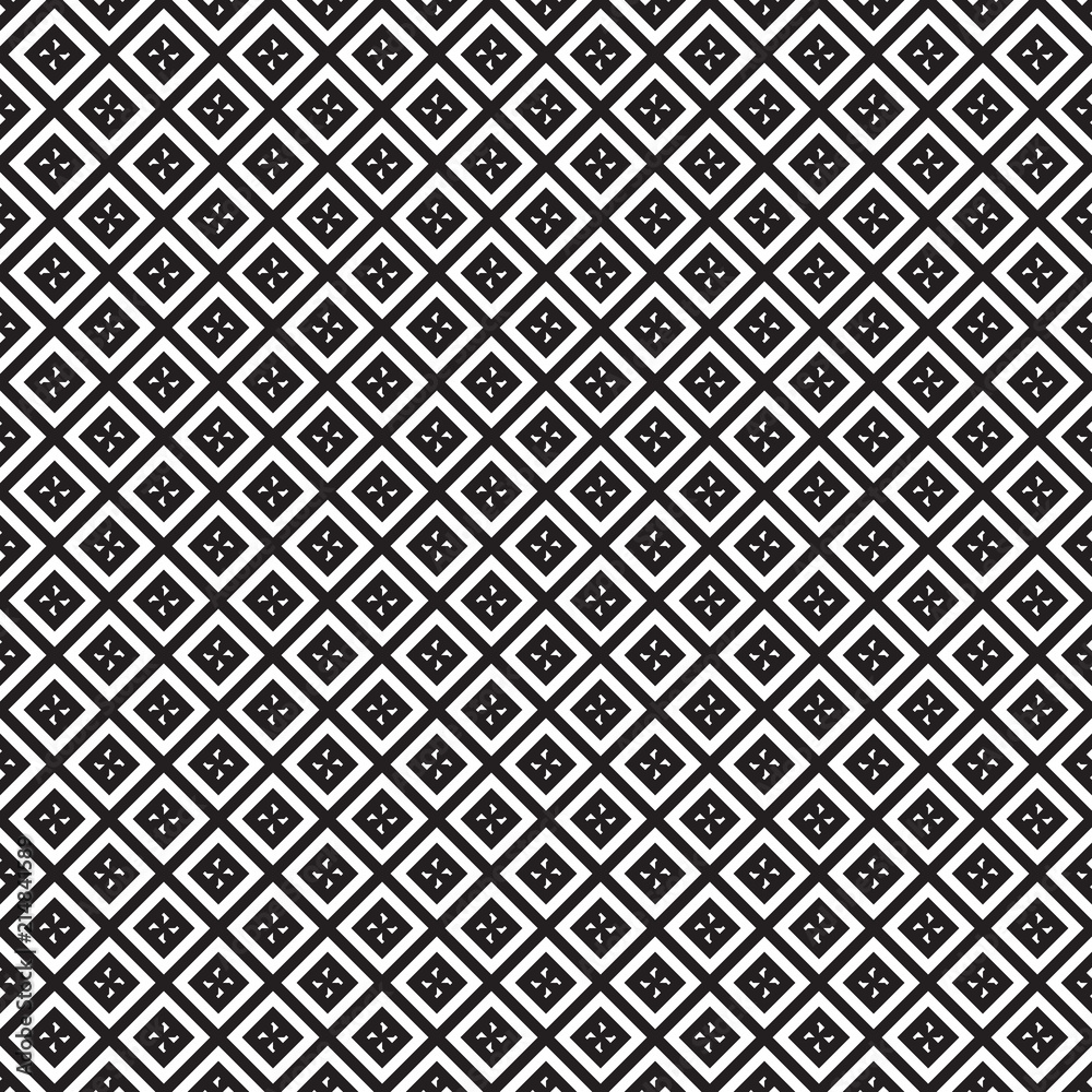 Monochrome Geometric Seamless Pattern. Black and white style pattern. Square tiles. Repeating geometric tiles with smooth rhombuses/