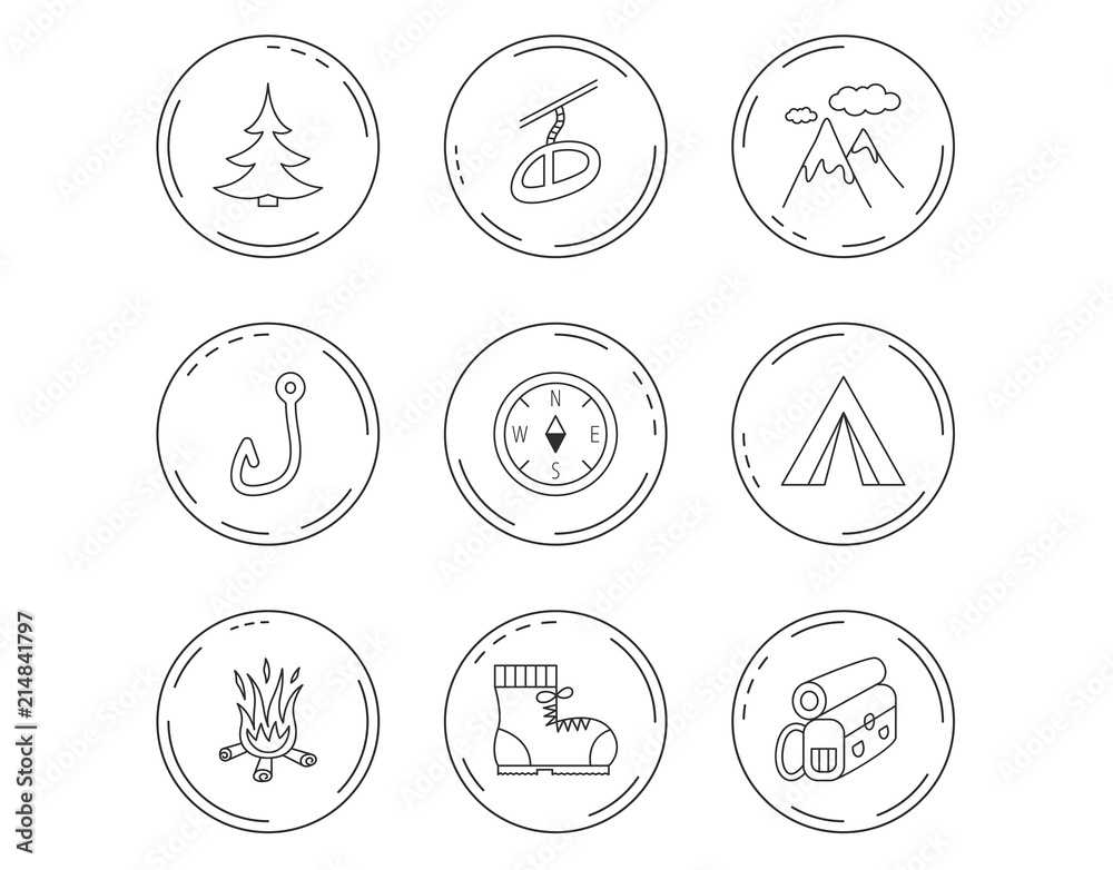 Mountain, fishing hook and hiking boots icons.