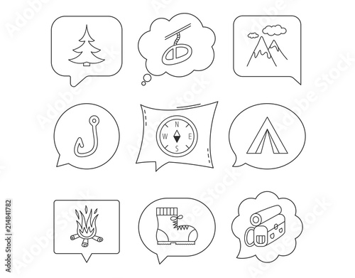 Mountain, fishing hook and hiking boots icons.