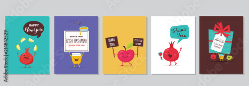 Greeting cards with funny cartoon characters for Rosh Hashanah, Jewish holiday. honey jar, apples and pomegranates. Vector illustration design