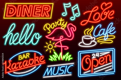 Set of fashion neon sign. Night bright signboard, Glowing light banner. Summer logo, emblem. Club or bar on dark background. Editable vector. Coffee Hello Love Open Karaoke Music Flamingo Party Dinner