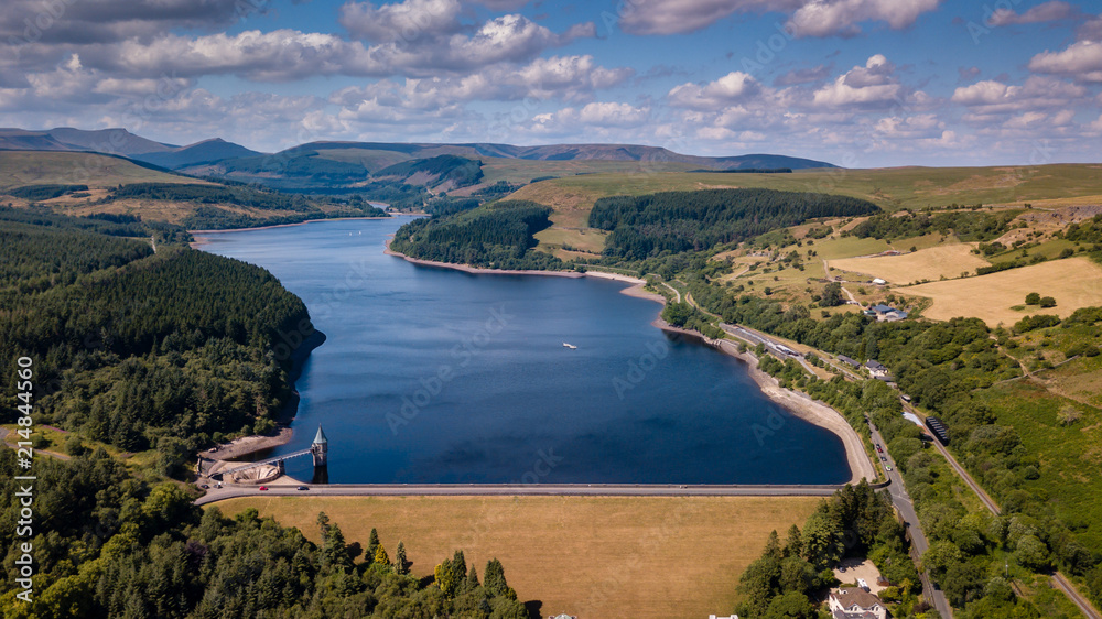 Aerial drone view of a beautiful reservoir in a rural area in summer