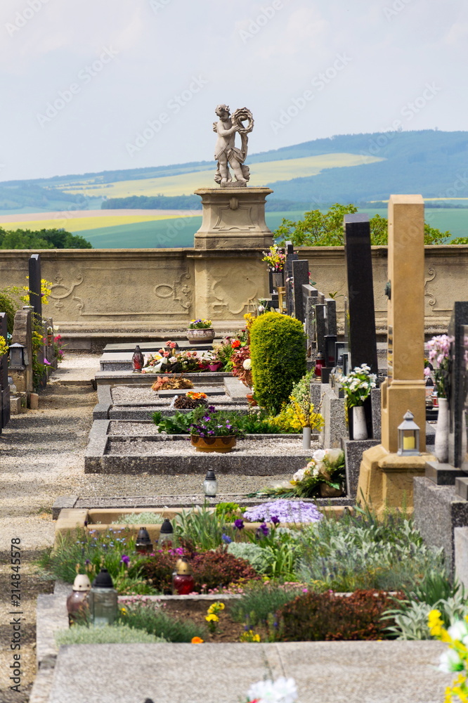 Statues at unique baroque cemetery Strilky, Kromeriz district, Zlin region, Moravia, Czech Republic, Central Europe