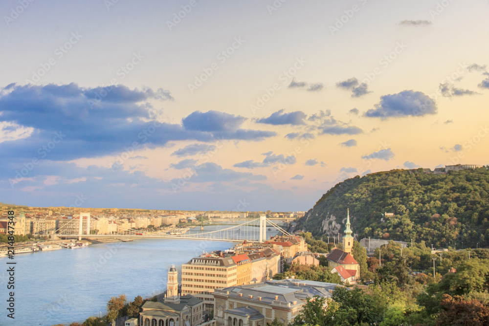 Beautiful views of the Danube and the Gellert Hill in Budapest, Hungary